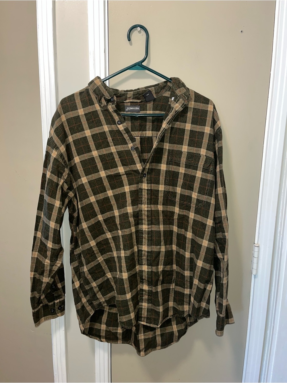 St. John's Bay Olive Green & Tan Plaid Button-Down Shirt